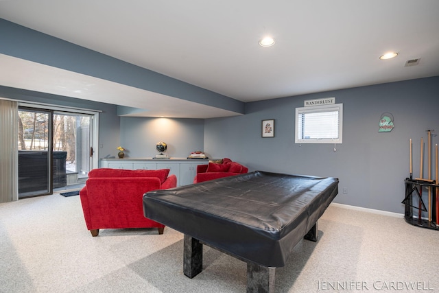 game room featuring recessed lighting, plenty of natural light, baseboards, and pool table