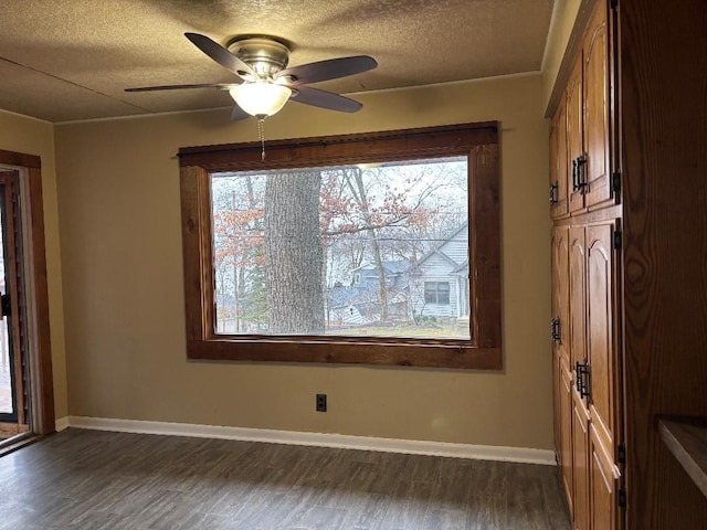 spare room featuring a textured ceiling, dark wood finished floors, a wealth of natural light, and baseboards