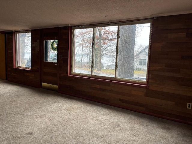 empty room with a textured ceiling, wood walls, and light colored carpet