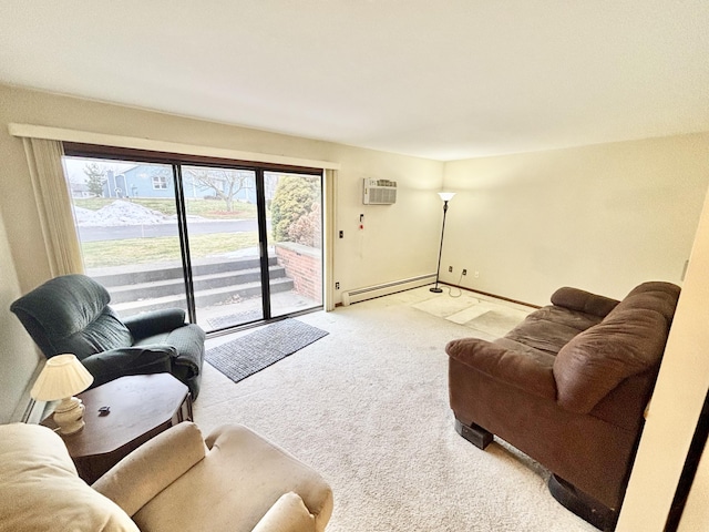 living room with carpet floors, a baseboard radiator, an AC wall unit, and baseboards