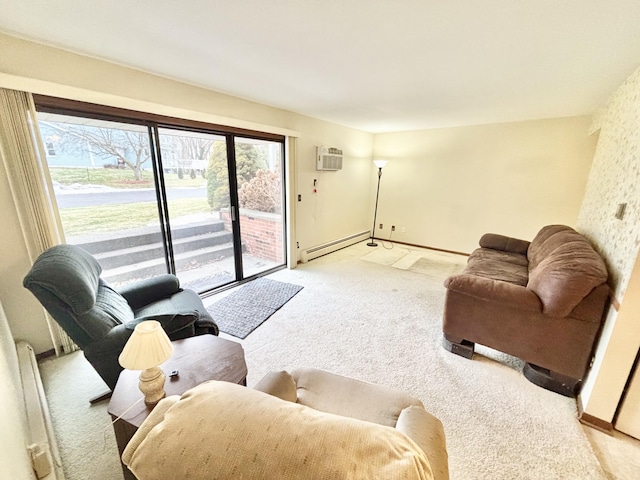 living area featuring baseboard heating, an AC wall unit, and light colored carpet