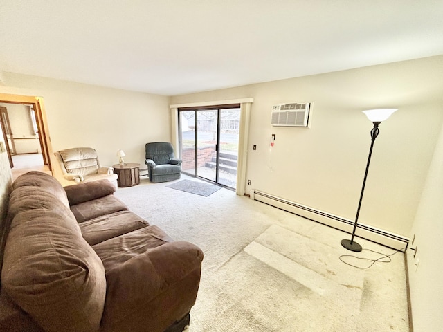 carpeted living room with a baseboard radiator, an AC wall unit, and baseboard heating