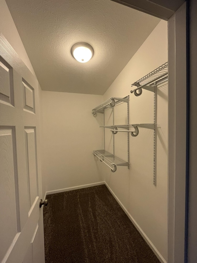 walk in closet featuring dark colored carpet and lofted ceiling