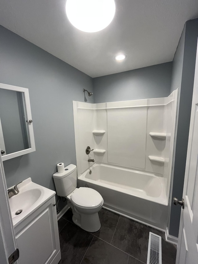 full bath with toilet, shower / washtub combination, vanity, and visible vents