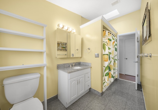 bathroom with visible vents, toilet, granite finish floor, baseboards, and vanity