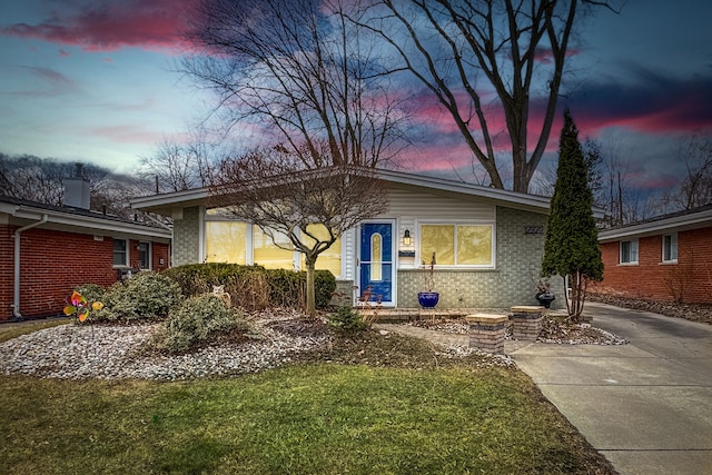 view of front of property with brick siding, concrete driveway, and a front yard