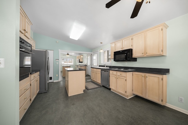 kitchen with black appliances, light brown cabinets, dark countertops, baseboards, and vaulted ceiling