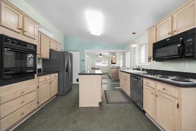 kitchen with black appliances, a ceiling fan, light brown cabinetry, dark countertops, and lofted ceiling