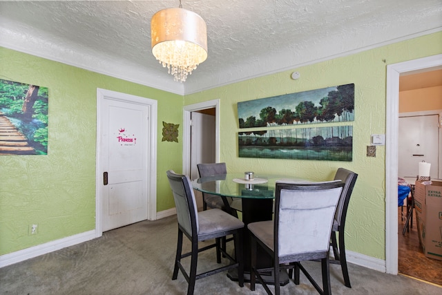 carpeted dining space with baseboards, a textured ceiling, an inviting chandelier, and a textured wall
