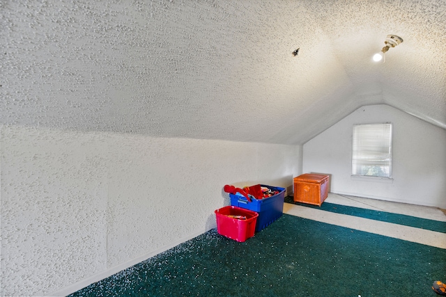 additional living space featuring a textured ceiling, carpet, and vaulted ceiling