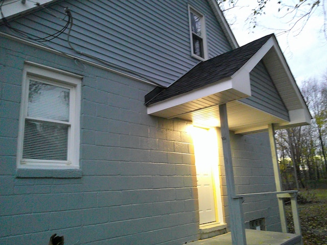 view of home's exterior with a shingled roof