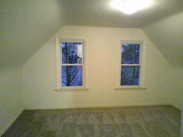 additional living space with lofted ceiling, carpet floors, and baseboards