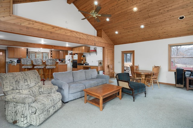 living room with recessed lighting, light carpet, wood ceiling, baseboards, and beamed ceiling