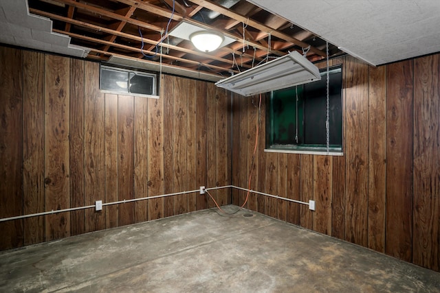 finished basement featuring wooden walls