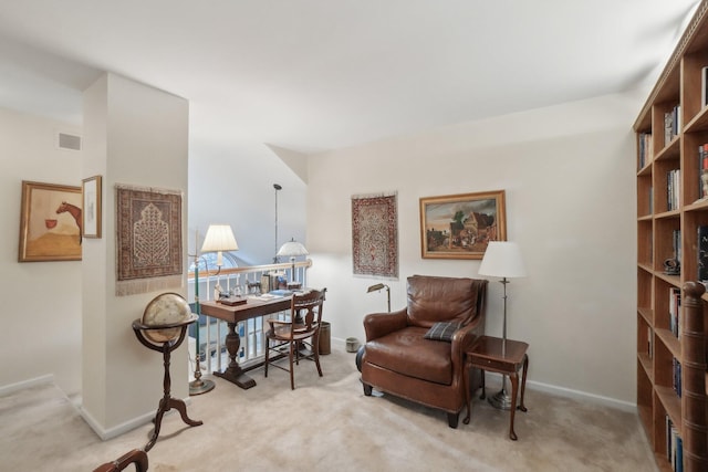 sitting room featuring carpet, visible vents, and baseboards