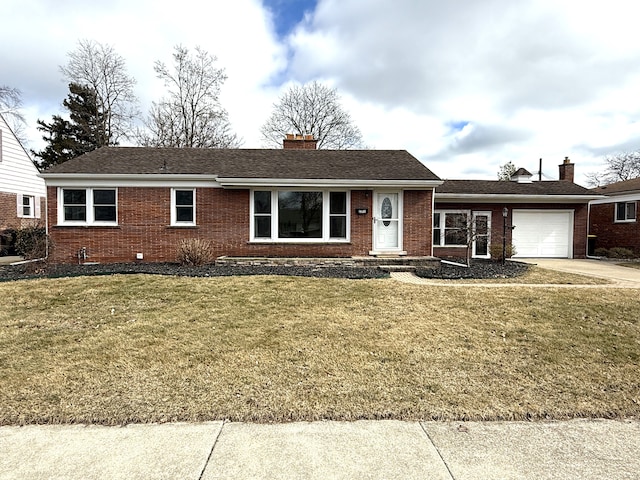 ranch-style house featuring a garage, brick siding, a chimney, and a front lawn