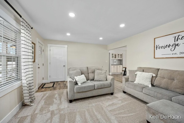 living area with baseboards, wood finished floors, and recessed lighting