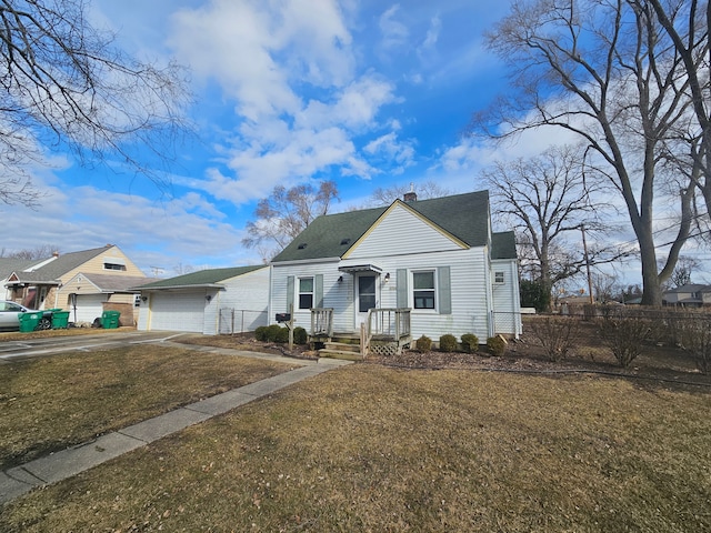 bungalow-style house featuring roof with shingles, a chimney, fence, driveway, and a front lawn