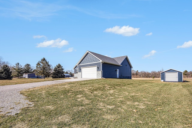 view of property exterior featuring a garage, stone siding, a lawn, and driveway