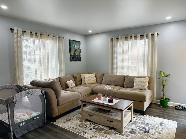 living area featuring baseboards, recessed lighting, wood finished floors, and a healthy amount of sunlight