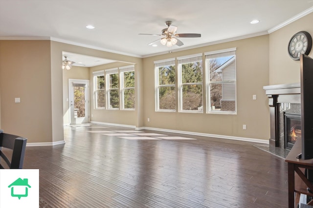 living room with baseboards, dark wood-style floors, and crown molding