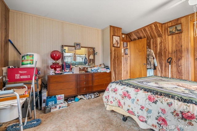 carpeted bedroom featuring wallpapered walls