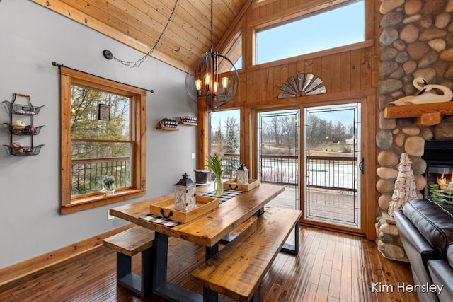 dining area with high vaulted ceiling, hardwood / wood-style floors, plenty of natural light, and wood ceiling