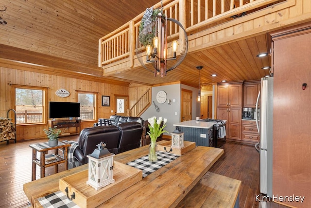 dining room with wooden ceiling, stairs, dark wood-style flooring, and an inviting chandelier