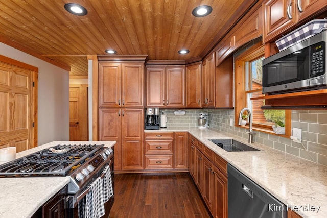 kitchen with dark wood-style floors, wood ceiling, appliances with stainless steel finishes, a sink, and recessed lighting