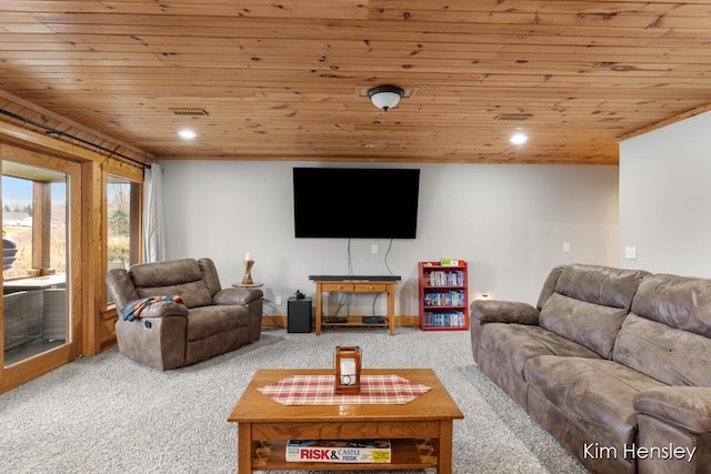 carpeted living area with wooden ceiling, visible vents, and recessed lighting