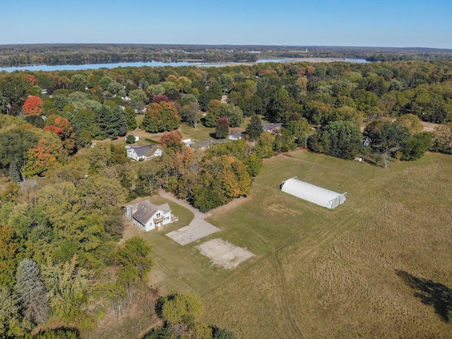 bird's eye view featuring a water view and a forest view