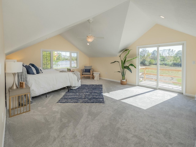 bedroom with access to exterior, vaulted ceiling, carpet floors, and baseboards