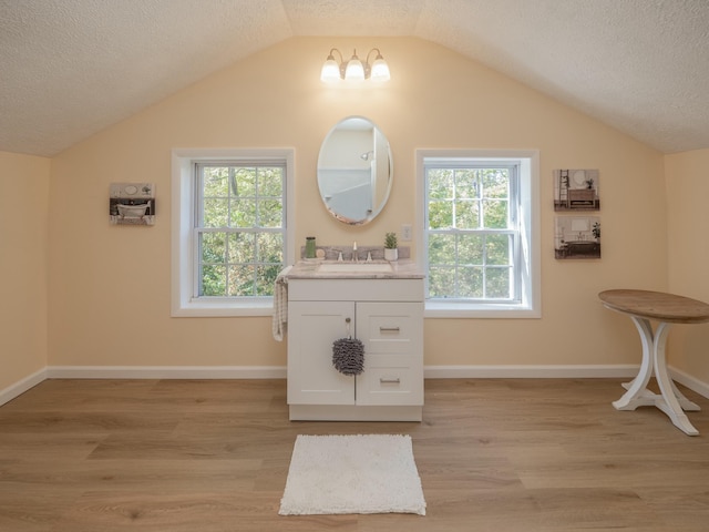 bathroom with a textured ceiling, wood finished floors, and a healthy amount of sunlight