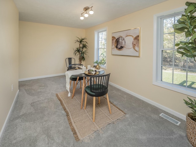 carpeted home office with baseboards and visible vents