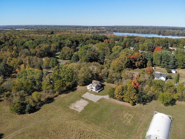 bird's eye view with a water view and a wooded view