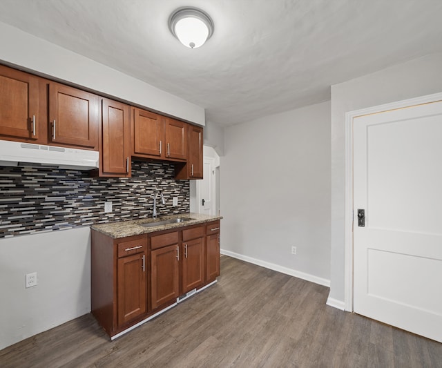 kitchen featuring dark wood-type flooring, a sink, and under cabinet range hood