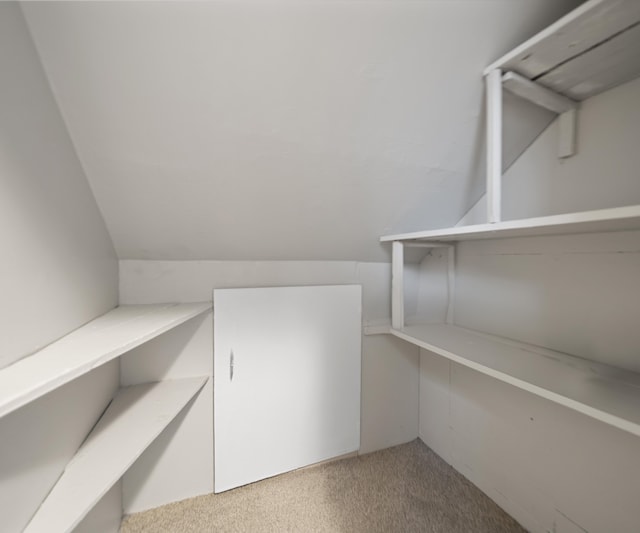 walk in closet with carpet floors and vaulted ceiling