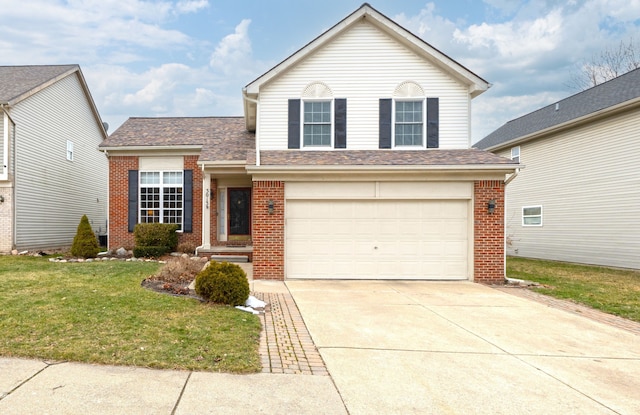 traditional-style house featuring a front lawn, roof with shingles, concrete driveway, a garage, and brick siding