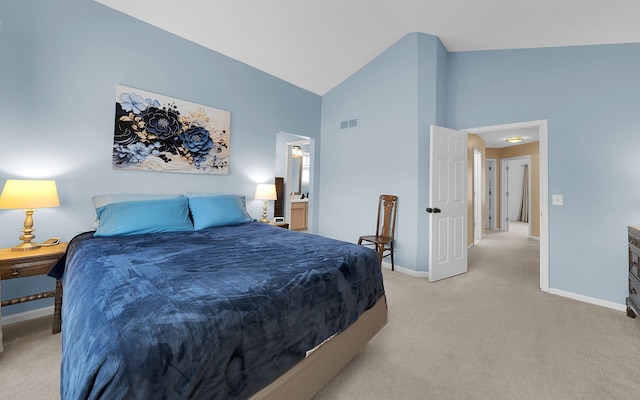 bedroom featuring light carpet, visible vents, high vaulted ceiling, and baseboards