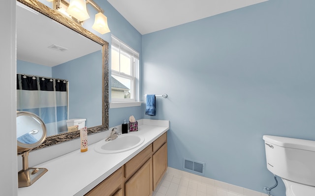 full bath with tile patterned floors, visible vents, toilet, and vanity