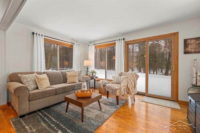 living room featuring light wood-type flooring and baseboards