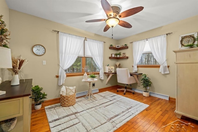 office featuring wood-type flooring, baseboards, ceiling fan, and baseboard heating