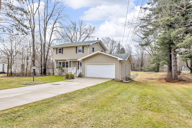 view of front of property featuring a garage, concrete driveway, and a front yard