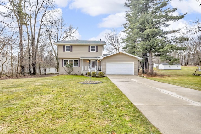 view of front of house featuring a garage, covered porch, concrete driveway, and a front yard