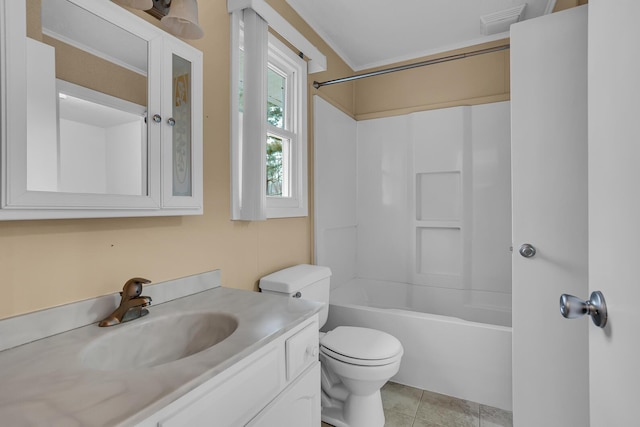 bathroom featuring visible vents, bathing tub / shower combination, toilet, tile patterned floors, and vanity