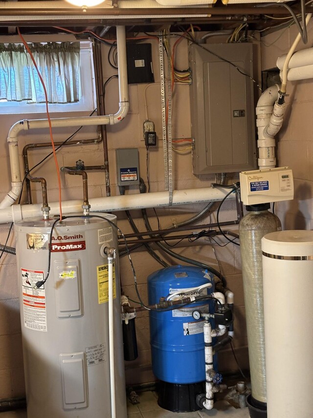 utility room with water heater and electric panel