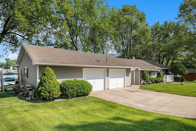 222 Crockett Dr, Quincy, MI 49082 - ranch-style house with an attached garage, concrete driveway, a front yard, and roof with shingles