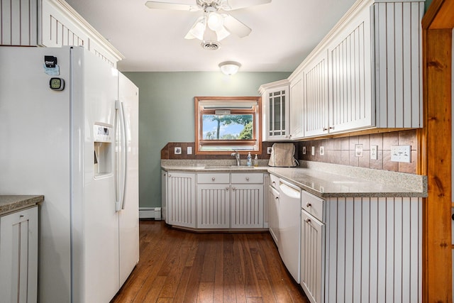 222 Crockett Dr, Quincy, MI 49082 - kitchen with white appliances, a baseboard radiator, dark wood finished floors, ceiling fan, and glass insert cabinets