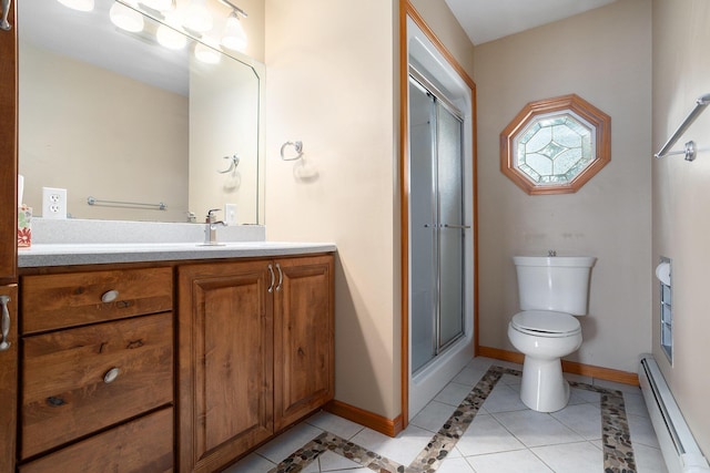 222 Crockett Dr, Quincy, MI 49082 - full bathroom featuring a baseboard heating unit, vanity, inlaid floor details, a shower with shower door, and tile patterned flooring
