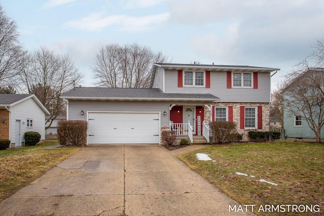 traditional-style house featuring a front lawn, brick siding, driveway, and an attached garage